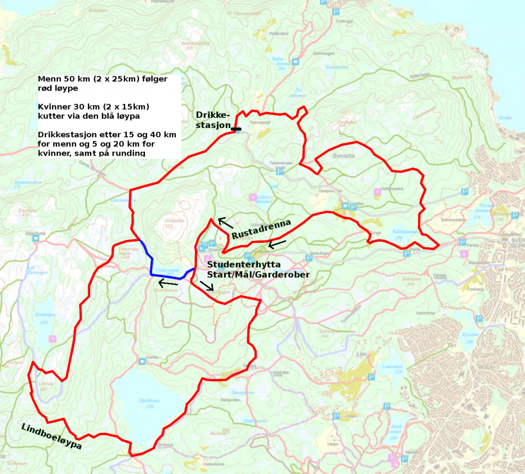 Løypetracé 2013. I 2014-utgaven av Studenterfemmila skal damene igjen få gå 50 km