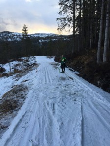 Ca 250m før Grønlia er det et parti med lite snø. Kan utover dagen bli nødvendig å ta av ski, evt holde venstre side av løypa. 